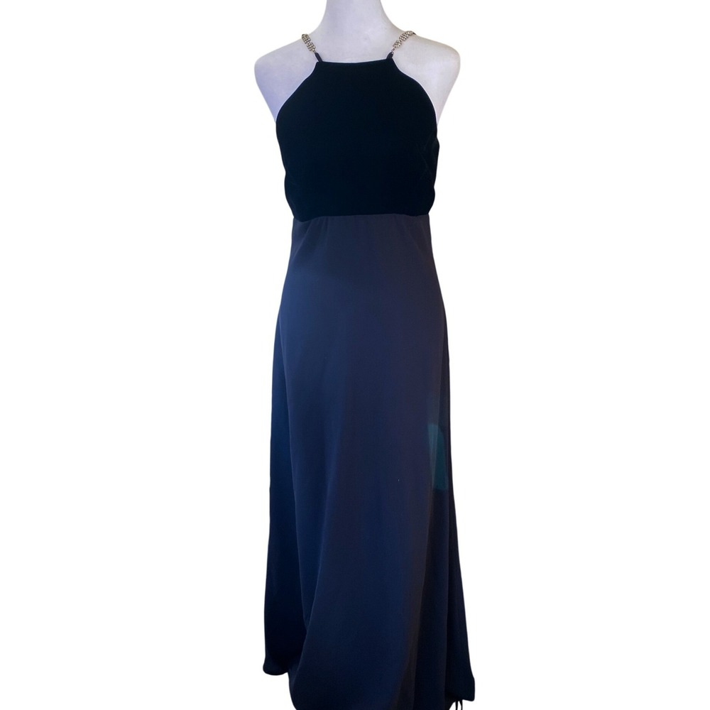 Vintage 1990s Velvet Rhinestone Black Evening‎ Gown Maxi Dress 10 Whimsigoth Fem